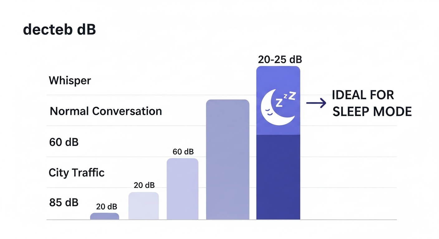 กราฟแท่งเปรียบเทียบระดับเสียงเดซิเบล (dB) โดยชี้ว่า 20-25 dB (เสียงกระซิบ) คือระดับที่เหมาะสำหรับโหมด Sleep