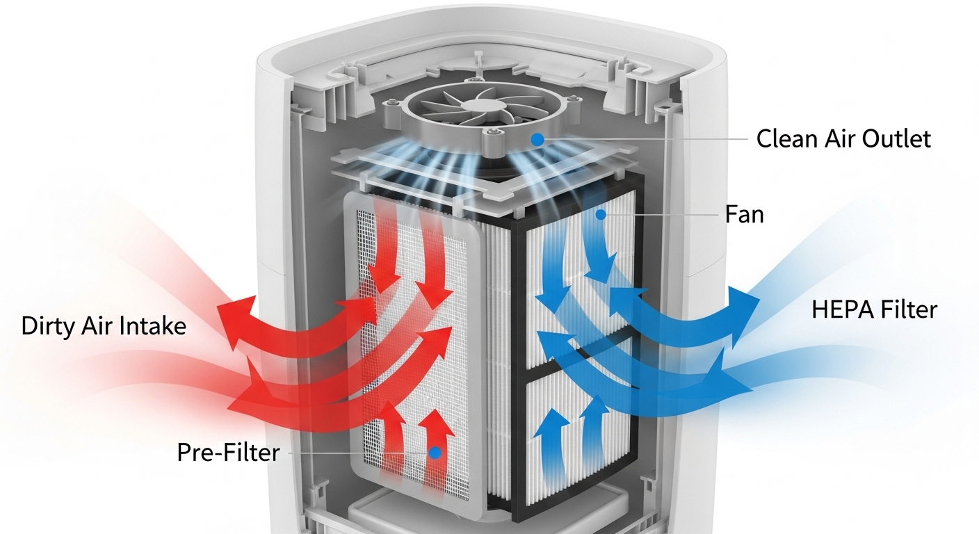 กลไกการทำงานของเครื่องฟอกอากาศ ที่ดูดอากาศเสีย (สีแดง) ผ่านไส้กรอง HEPA และปล่อยอากาศสะอาด (สีฟ้า) ออกมา