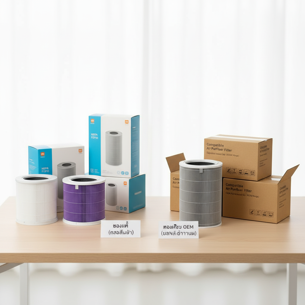 ภาพเปรียบเทียบไส้กรอง Xiaomi ของแท้ (บรรจุภัณฑ์สีฟ้า) กับไส้กรองเทียบ OEM (กล่องสีน้ำตาล)