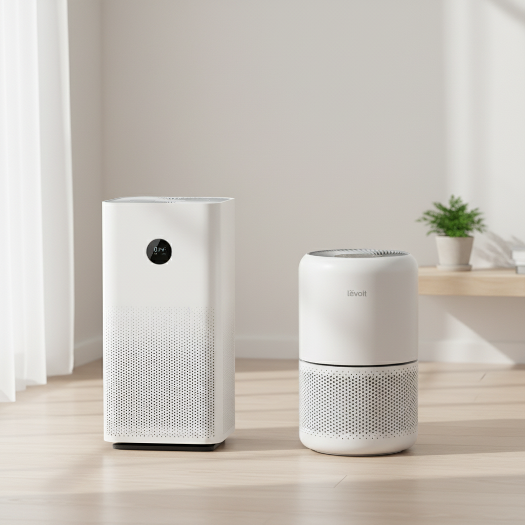 เปรียบเทียบเครื่องฟอกอากาศ Xiaomi 4 Pro (สีขาว ทรงสี่เหลี่ยม) วางคู่กับ Levoit Core 400S (สีขาว ทรงกระบอก)